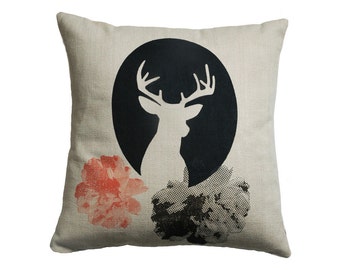 Floral Deer Pillow – 16x16 Linen Pillow in Beige, Red and Black Deer and Flower Motif for Your Rustic Deer Decor, Decorative cushion