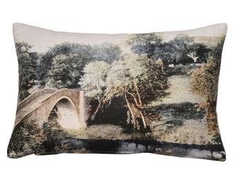 Linen cushion cover, Autumn decor, decorative cushion, English bridge scenery design