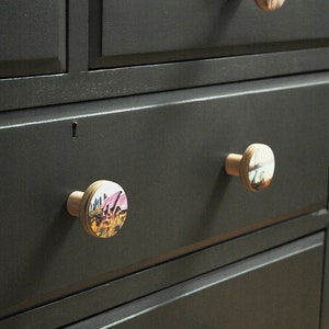 May include: A dark grey chest of drawers with four drawers. Each drawer has a round knob with a different image on it. The knobs are made of wood and have a light brown finish.