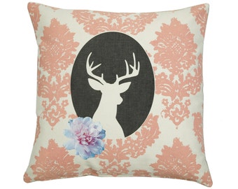 Stag cushion cover, handmade on natural fabrics, Decorative cushion, Pink Deer cameo