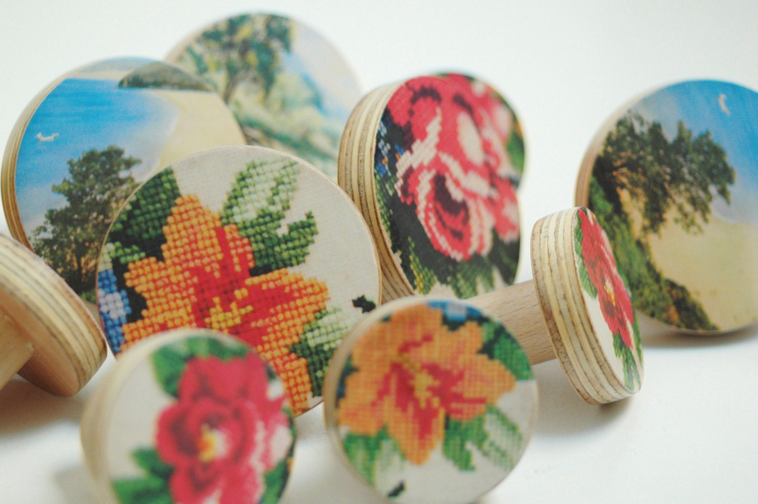 Wooden Knobs Rose Flower Vintage Embroidery Inspired Design Etsy