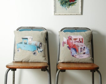 Nursery decor boy, Handmade cushion on natural linen and cotton, vintage truck, kids room decor
