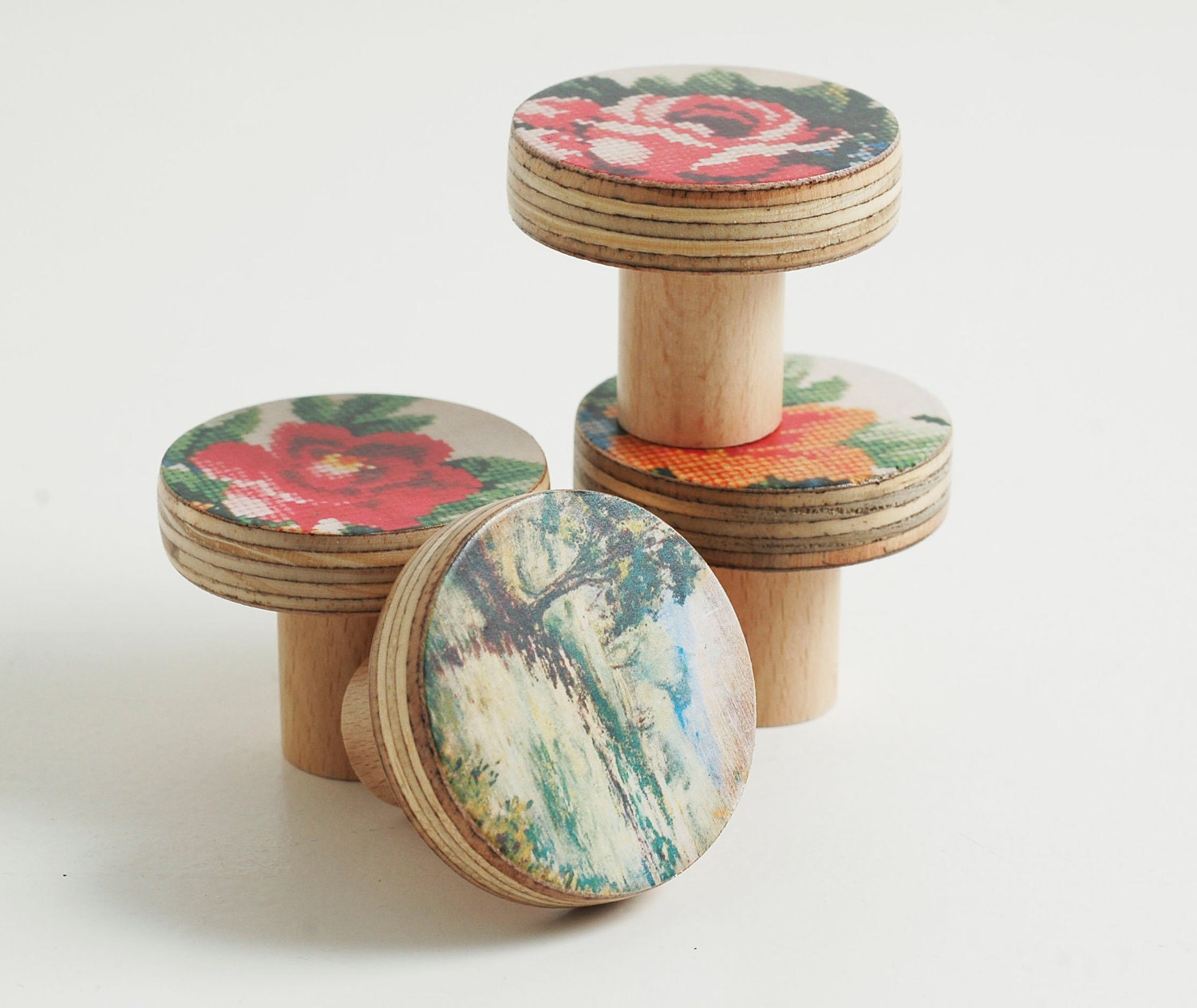 Wooden Knobs Rose Flower Vintage Embroidery Inspired Design Etsy