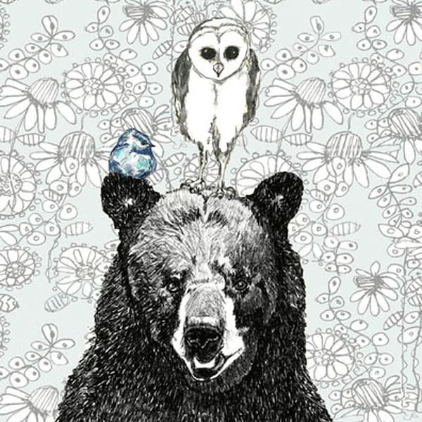 Bear Owl and Bird Illustration - Three's A Crowd