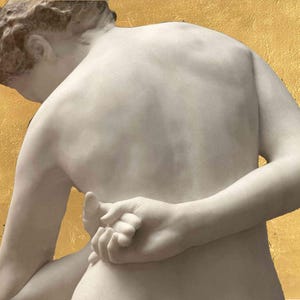 May include: A sculpture of a figure with light skin, seen from the back, with arms crossed behind the back. The figure is set against a gold background. The sculpture is detailed, with visible musculature and form.