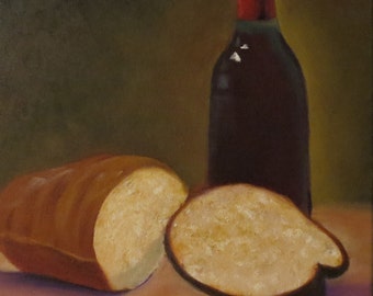 Wine and Bread Still Life, Fine Art Oil Painting 12x12