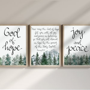 Romeinen 15:13 set van 3 - handgeschreven afdrukken van bijbelvers, 3 bemoedigende christelijke kunstwerken, inspirerende muurkunst, christelijk interieur