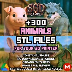 Pakiet STL zwierząt +300 modeli STL zwierząt gospodarskich, kotów, psów, lwów, słoni, koni, świń i innych do drukarek 3D - Google Drive / MEGA Access