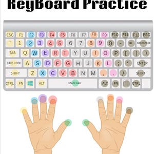 May include: A keyboard layout for typing practice, with colour-coded keys and finger placement guides. The image features a keyboard with coloured circles on the keys and two hands with matching coloured circles on the fingertips. The text "KeyBoard Practice" is at the top.