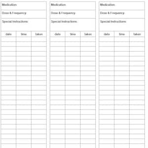 May include: A white medication tracker with the text "MEDICATION TRACKER" at the top. The tracker has three columns for recording medication details, including medication name, dosage, frequency, special instructions, date, time, and whether the medication was taken.