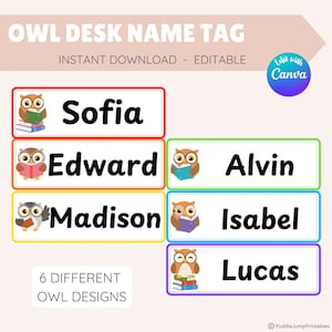 以下が含まれることがあります： フクロウのイラストが描かれた、カラフルなデスクネームタグ。各タグには、Sofia、Edward、Madison、Alvin、Isabel、Lucasという異なる名前が記載されています。タグは様々な色で縁取られ、「OWL DESK NAME TAG」と「6 DIFFERENT OWL DESIGNS」の文字が含まれています。