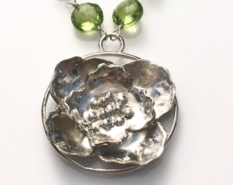 Sterling silver poppy necklace with peridot chain