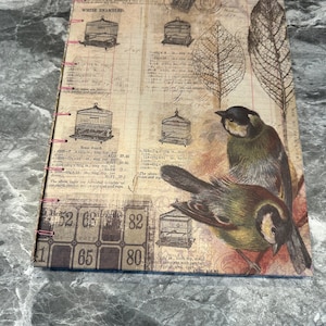 Op de afbeelding: Een notitieboek met een vintage ontwerp met vogelkooien, bladeren en vogels. De omslag heeft een verweerde, verouderde uitstraling met de tekst "BIRD CAGES" en "WHITE ENAMELED". Het notitieboek is gebonden met roze ringen.