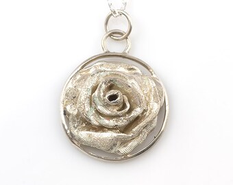 Hand-engraved Sterling Silver Rose Pendant with chain