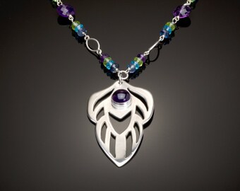 Peacock Feather Gemstone Necklace with Amethyst