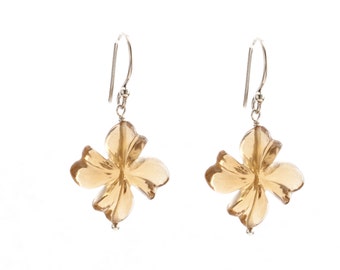 Carved Cognac Quartz Flower Earrings with Sterling Silver