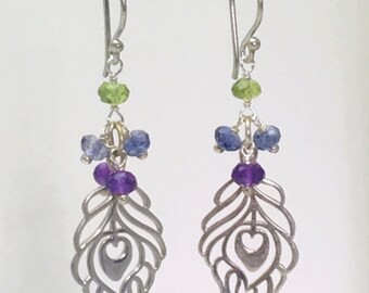 Sterling Silver Peacock Feather Earrings with Amethyst, Iolite and Peridot