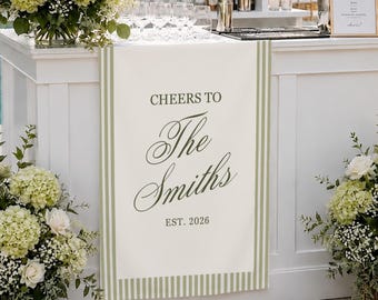 Custom Unique Timeless Striped  Wedding Welcome Sign, Fabric Bar Menu Banner, Linen Cotton, Personalized Name Date, Romantic Ceremony Gift
