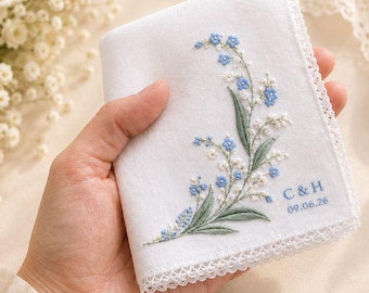 Embroidered Wedding Calla Lily Handkerchief – Custom Floral Hankie for Bride, Bridal Gift, Personalized with Name & Date, Gift for Bride