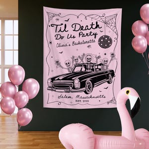 Til Death Do Us Party Bachelorette Banner, Personalized Gothic Skeleton Bride Photo Backdrop Tapestry,Funny Halloween Wedding Favors