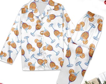 Aperol Spritz Watercolor Pajama Set, Watercolor Cocktail Pajamas Set, Cocktail Drinking Pajama For Family, Funny Cocktail Party Pyjamas