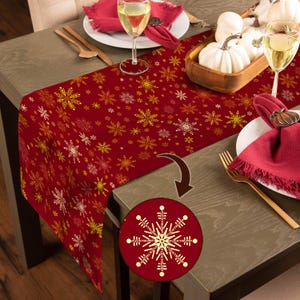 May include: A red table runner with a gold snowflake pattern. The runner is on a wooden table set for a meal, with plates, napkins, and wine glasses. A circular graphic with a snowflake design and the text "FUCKTRUMP" is also visible.