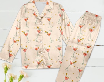 Personalized Custom Name Martini Glass Pajamas Set, Customized Alcohol Long Sleeves Pajama Set, Drinking Party Pajamas,Gift For Wine Lover