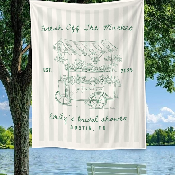 Fresh Off the Market Bridal Shower Banner, Farmers Market Theme Tapestry for Bride-to-Be, Custom Name & Date Sign