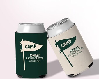 Personalized Glamping Bachelorette Party Decor, Custom Camp Bachelorette Can Cooler, In The Forest Camp Bach Decor, Bridal Shower Favors
