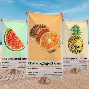 May include: Three beach towels with fruit-themed designs. One features a watermelon slice, another an orange, and the last a pineapple, all with a mosaic-like effect. Each towel has text at the bottom, including names and drink preferences.
