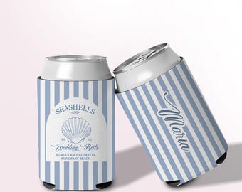 Seashells and Wedding Bells Can Coolers, Personalized Bachelorette Can Sleeves, Custom Beach Coastal Bachelorette Party Favors, Can Holder