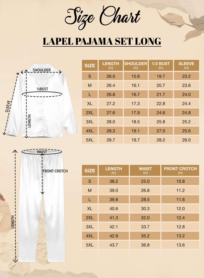a white pajama set with measurements for size chart