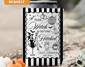 Personalized This Witch Is Getting Hitched Koozie, Custom Halloween Bachelorette Can Cooler, Witchy Bride Party Favor