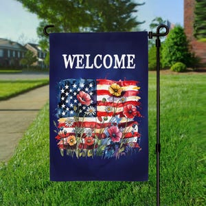 Personalized 4th Of July Wildflower Yard Flag, Patriotic Flower Welcome Garden Flag, Red White Blue Yard Flag, Americana Florad Porch Banner