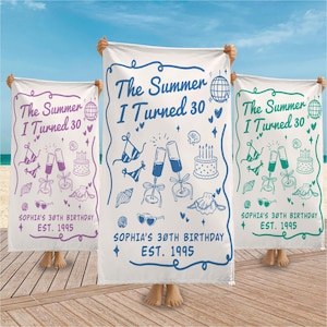 The Summer I Turned Thirty Beach Towel, 30th 40th 50th Birthday Gift, Personalized Beach Towel, Coastal Party Towel, Birthday Pool Gift