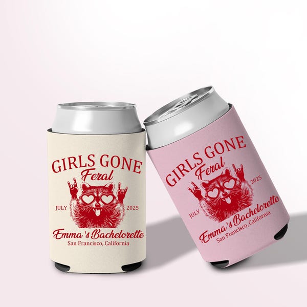 Girls Gone Feral Bachelorette Can Cooler, Personalized Funny Raccoon Can Sleeves, Custom Bachelorette Party Favor Gifts