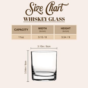 May include: Whiskey glass size chart with dimensions in inches and centimetres. The chart shows the capacity, width, and height of the glass. The glass is 3.15 inches wide and 3.54 inches tall.