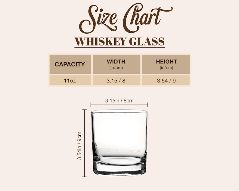 May include: Whiskey glass size chart with dimensions in inches and centimetres. The chart shows the capacity, width, and height of the glass. The glass is 3.15 inches wide and 3.54 inches tall.