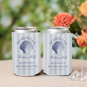 Seashells and Wedding Bells Can Coolers, Personalized Bachelorette Can Sleeves, Custom Social Club Bachelorette Party Favors, Can Holder