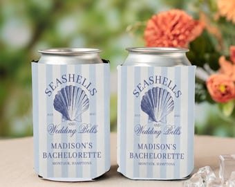 Seashells and Wedding Bells Can Coolers, Personalized Bachelorette Can Sleeves, Custom Social Club Bachelorette Party Favors, Can Holder