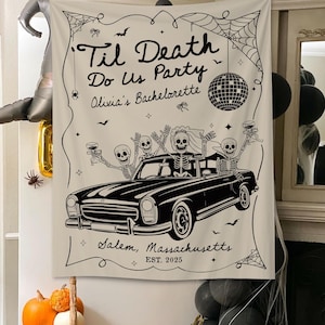 Til Death Do Us Party Bachelorette Banner, Personalized Gothic Skeleton Bride Photo Backdrop Tapestry,Funny Halloween Wedding Favors