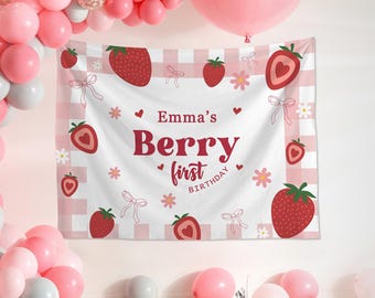 Personalized Berry First Birthday Decor, Custom First Birthday Part Banner, Strawberry Birthday Backdrop, 1st Birthday for Girls Tapestry
