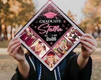 Personalized Photo Graduation Cap Topper, Custom Glitter Grad Cap Decoration, Class of 2026, Graduation Gifts for Her, Cap Ideas for Girls