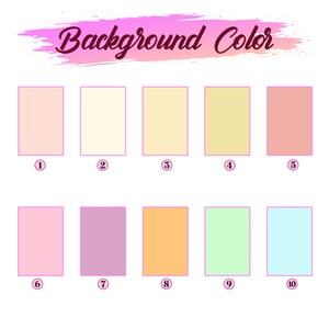 May include: A color chart with ten rectangular color swatches, each numbered. The swatches display a range of pastel colors, including pinks, yellows, oranges, greens, and blues. The text "Background Color" is written above the swatches.