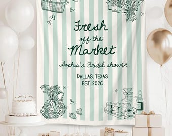 Fresh Off the Market Bridal Shower Banner, Farmers Market Theme Tapestry for Bride-to-Be, Custom Name & Date Sign