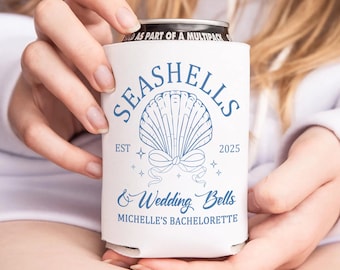 Seashells and Wedding Bells Can Coolers, Personalized Bachelorette Can Sleeves, Custom Social Club Bachelorette Party Favors, Can Holder