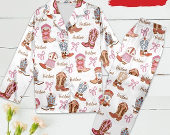 Personalized Cowboy Boots Pajamas, Customized Western Satin Pajama Set, Bachelorette Party, Western Life Theme, Pajamas Set