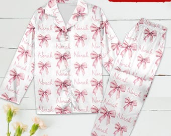 Personalized Custom Name Pink Coquette Pajamas Set, Customized Cute Bow Pajamas, Trending Outfit, Pajamas Party, Holiday Pajamas Set