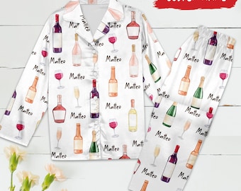Personalized Wine Bottles Pajamas Set, Customized Alcoholic Pajamas, Drinking Party Theme, Birthday Gift, Gift For Friend