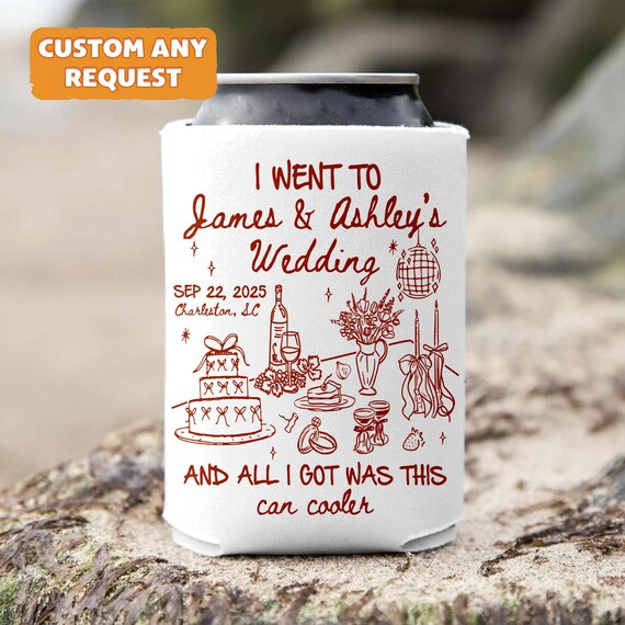 Funny Wedding Can Cooler, Custom Drink Sleeve Favor for Guests, Personalized Koozie with Names & Date, Retro Wedding Gift Idea